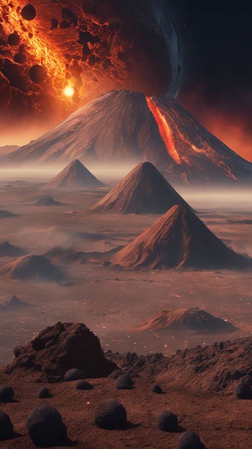 Uma erupção vulcânica em um planeta desolado com duas luas visíveis no céu.