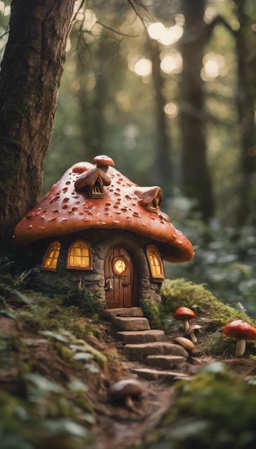 Eine malerische Szene eines märchenhaften Häuschens, eingebettet zwischen einer Reihe schillernder, übergroßer Pilze im Herzen eines flüsternden Waldes.