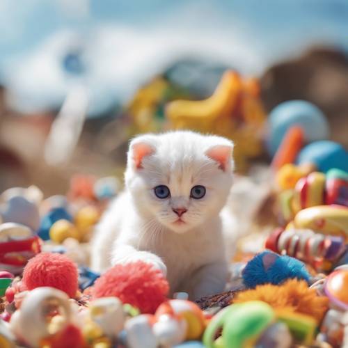 Un gattino Scottish Fold bianco, irresistibilmente carino, che si diverte tra giocattoli colorati e vivaci in un pomeriggio soleggiato.