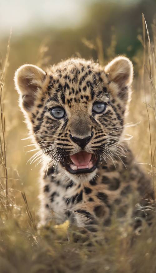 A playful baby leopard with soft fur in a grassy field during the day.