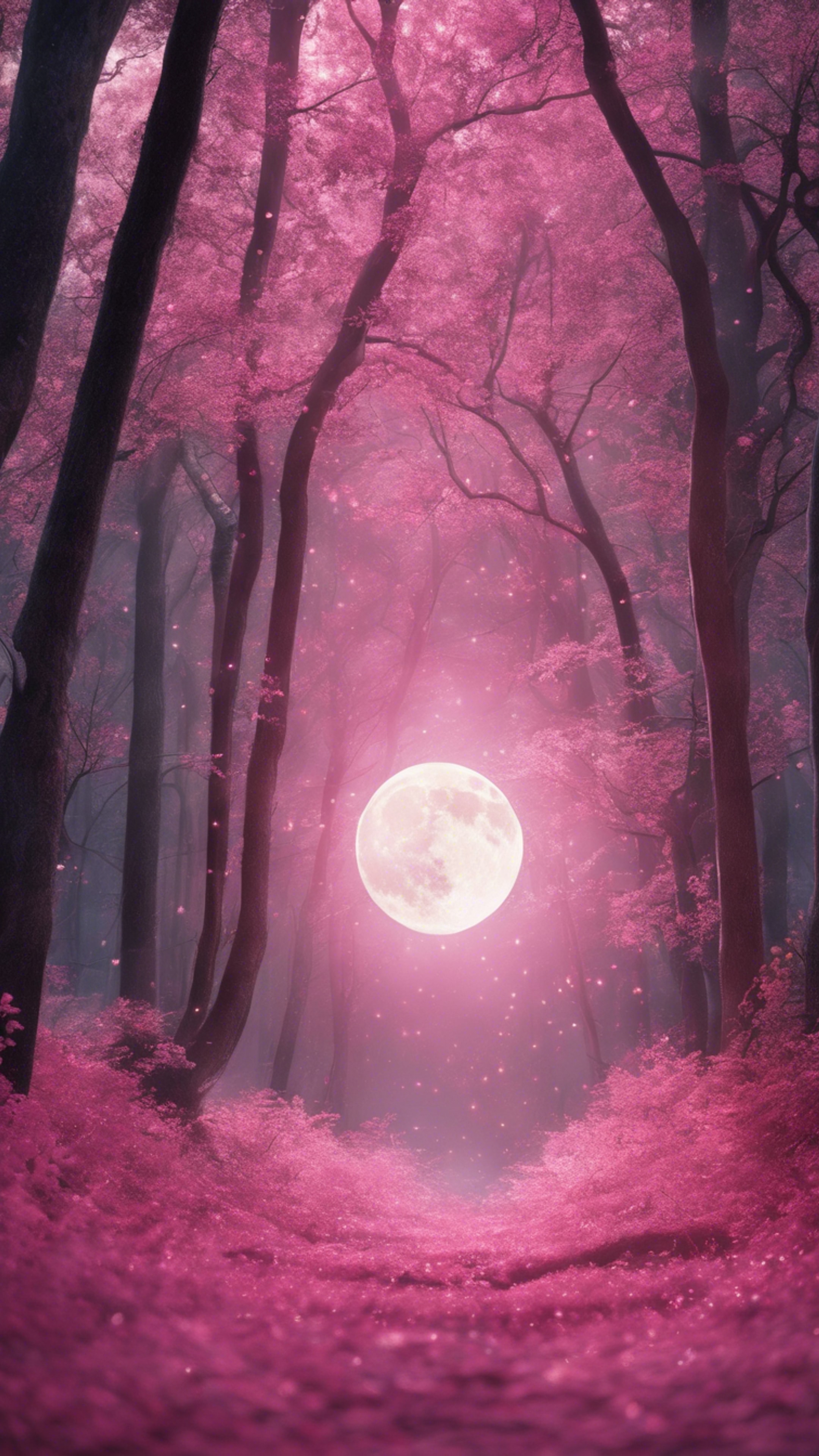 A pink moon shining through a mystical forest. Wallpaper[83d7b638f03441fa9034]