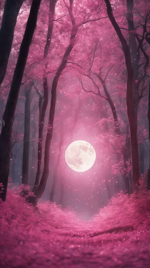 Uma lua rosa brilhando através de uma floresta mística.