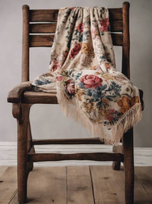 A chic boho floral tapestry draped over a vintage wooden chair.