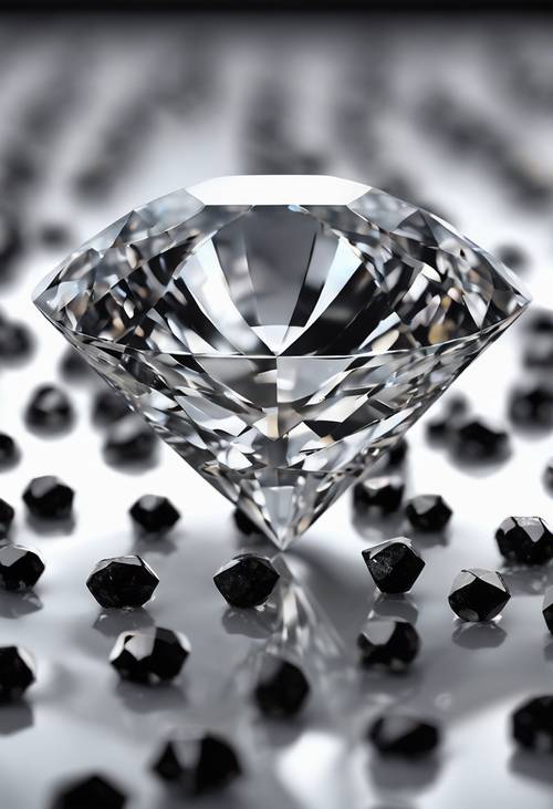 블랙 다이아몬드의 물결로 둘러싸인 아름답게 컷팅된 화이트 다이아몬드를 클로즈업한 사진입니다.