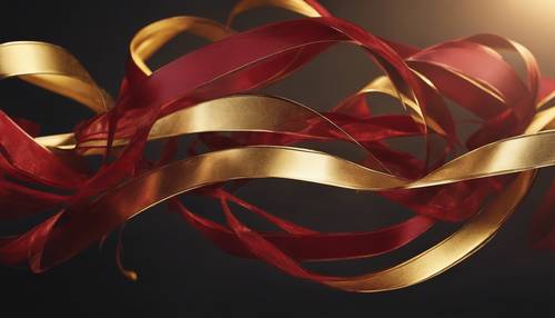 Fitas fluidas douradas e vermelhas girando infinitamente em um padrão abstrato.