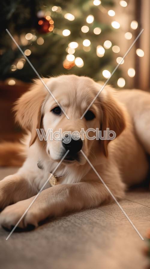 Cucciolo carino di Golden Retriever con luci festive