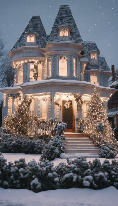 Uma casa vitoriana toda enfeitada para as festas de fim de ano, com luzes brancas de Natal penduradas em sebes e telhados aparados e cobertos de neve.