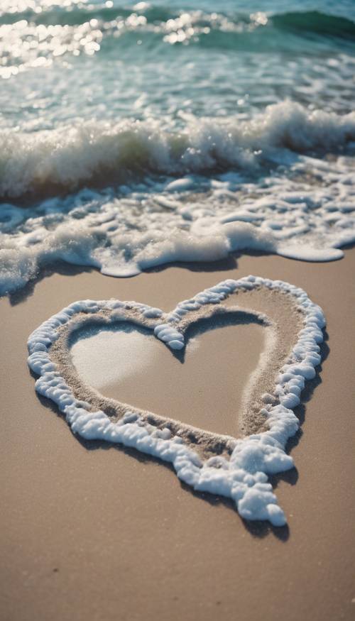 Gelombang laut biru membentuk bentuk hati di pantai berpasir.