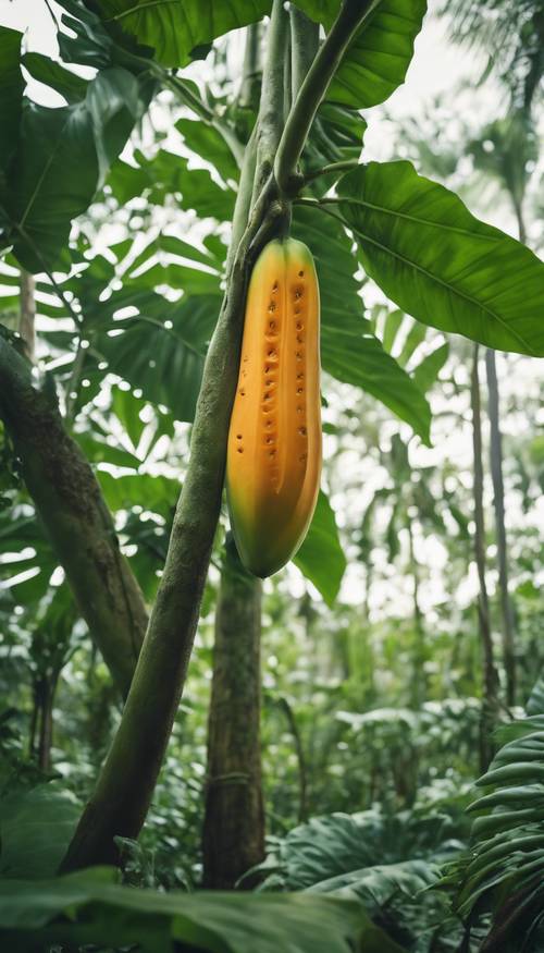 A solitary papaya tree growing tall in a lush green tropical forest.