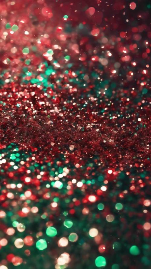 Uma mistura de partículas grandes e pequenas de glitter vermelho e verde