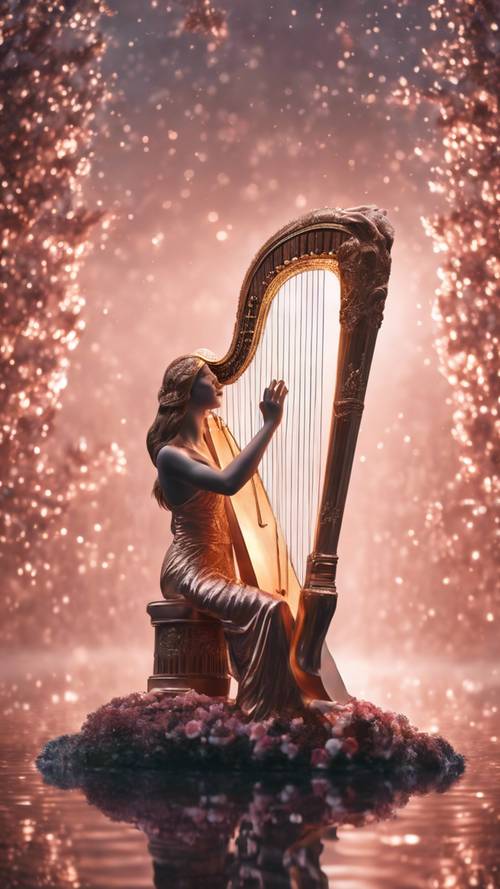 A celestial being bathed in a rose gold aura, playing a mythical harp in a heavenly landscape.