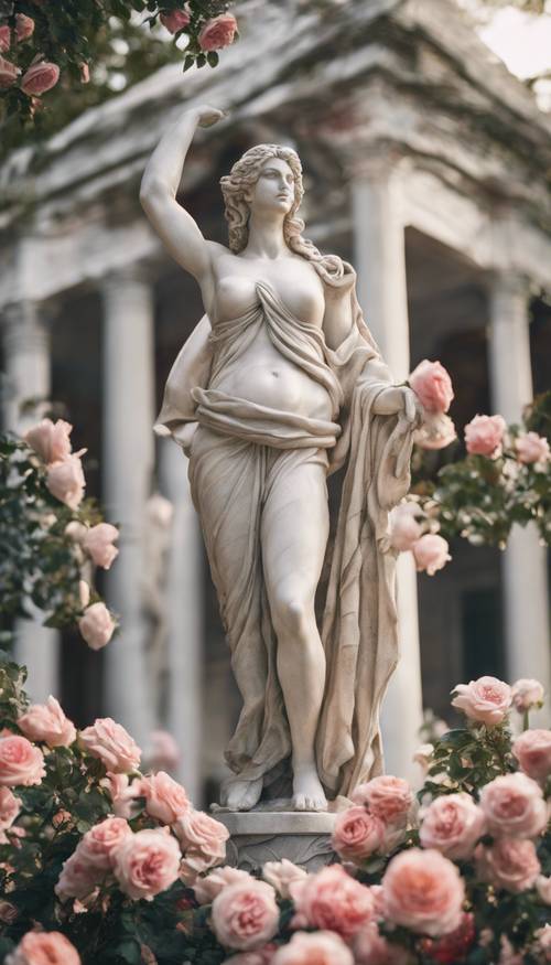 Eine Marmorstatue der Aphrodite, die anmutig in einem üppigen Rosengarten steht.