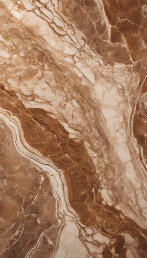 Una lastra di marmo marrone intenso con sottili venature bianche, illuminata da una calda luce color crema.