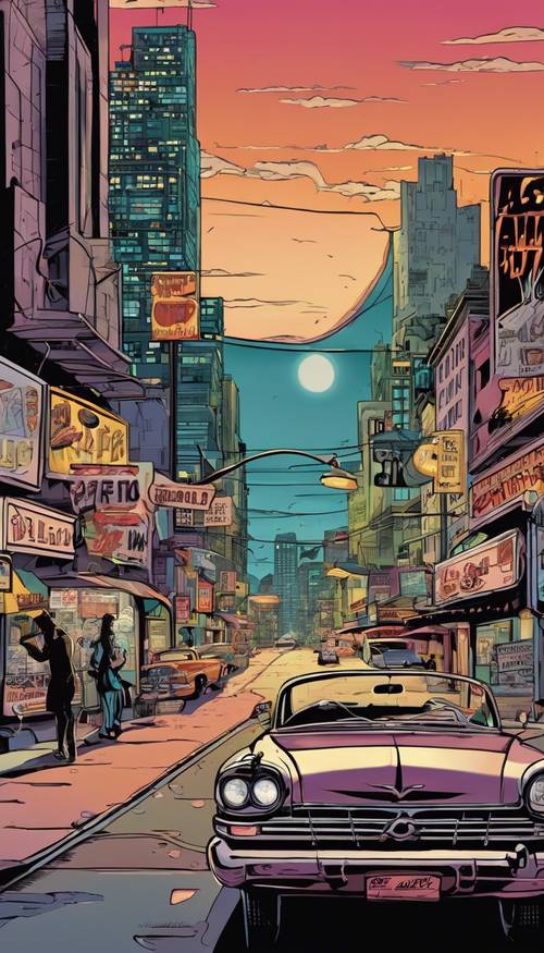 Un paesaggio urbano in stile cartone animato di ispirazione retrò immerso in una tonalità crepuscolare, completo di auto d&#39;epoca e insegne al neon.