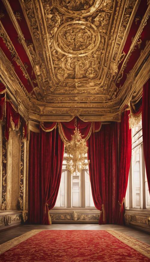 A classic regal red and gold damask pattern draping a renaissance hall.