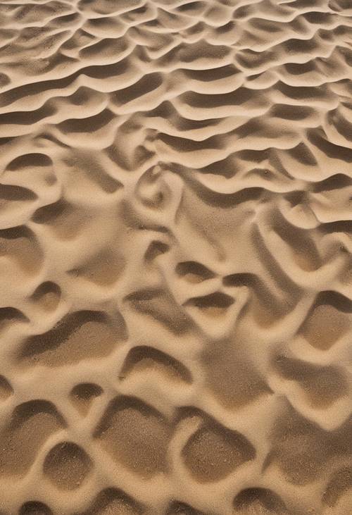 An overhead view of a tan-colored sandy beach at midday, capturing the texture of the wet and dry sand.