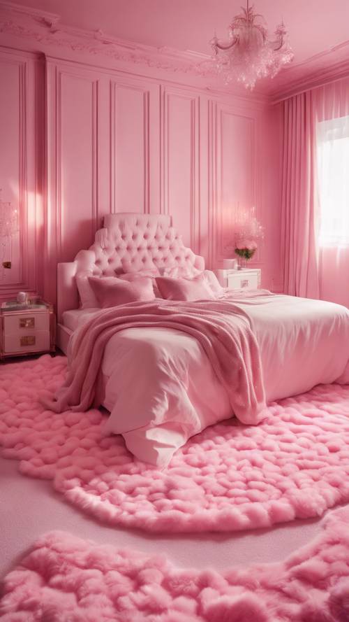 غرفة نوم مستوحاة من عام 2000 مزينة بالكامل باللون الوردي الفاتح مع سجادة من الفرو باللون الوردي الزاهي.