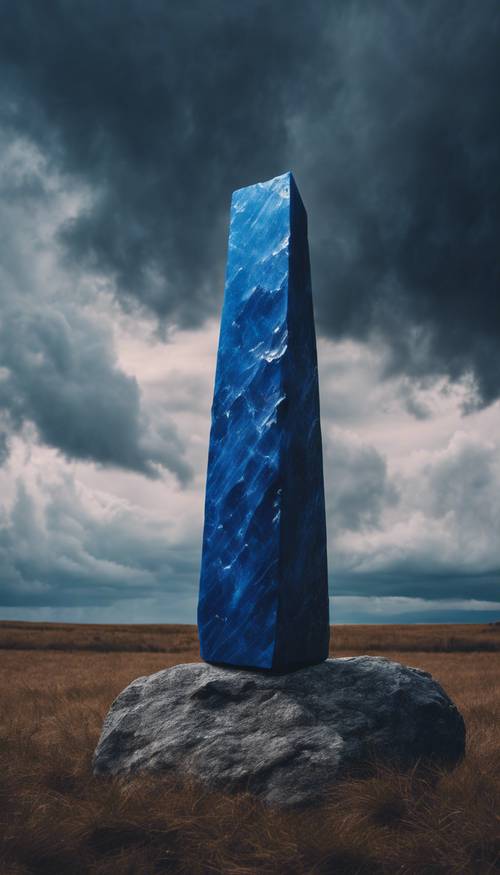 Un monolito gigantesco e imponente hecho de piedra azul zafiro, misteriosamente solo, bajo un cielo tormentoso.