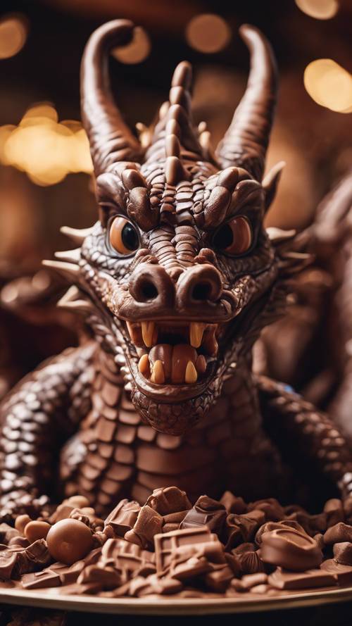 Um dragão de chocolate esculpido com maestria, seu aroma de dar água na boca enchendo uma loja de doces.