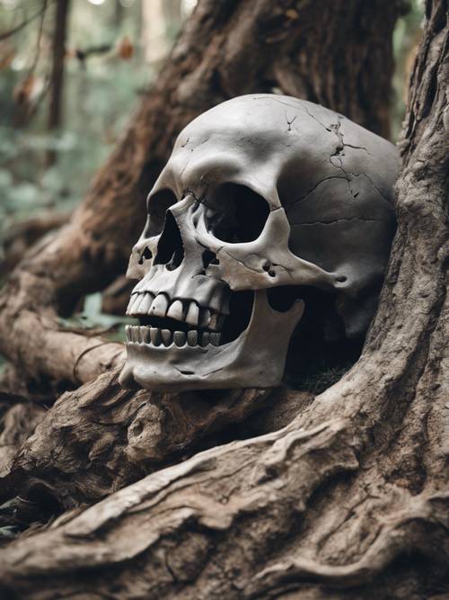 An eerie gray skull sitting patiently at the foot of a gnarled, ancient tree.
