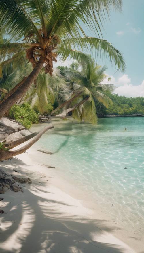 An idyllic island paradise midday, with palm trees gently swaying in the breeze, crystal clear waters lapping against the white sandy shore, and colorful tropical fish visible beneath the surface.