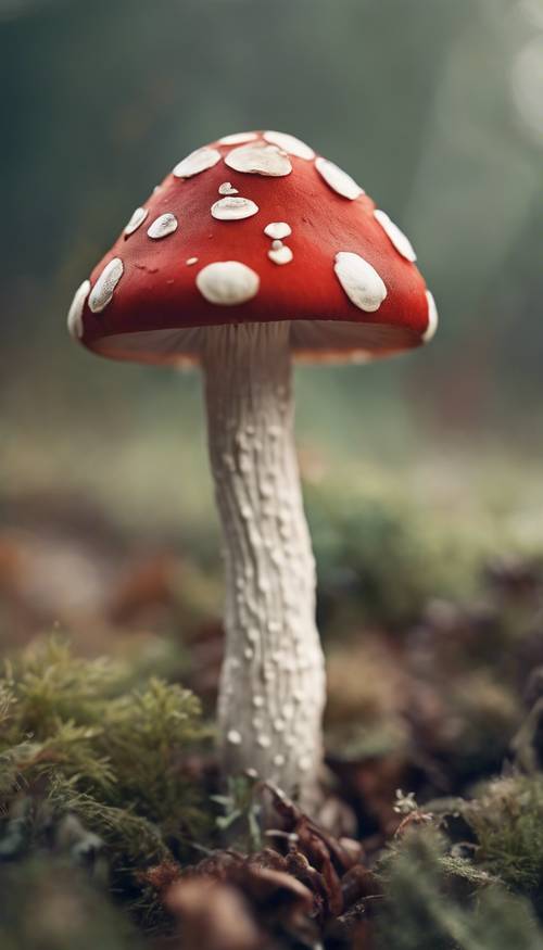 A red capped, white spotted mushroom stylized in a vintage fashion.