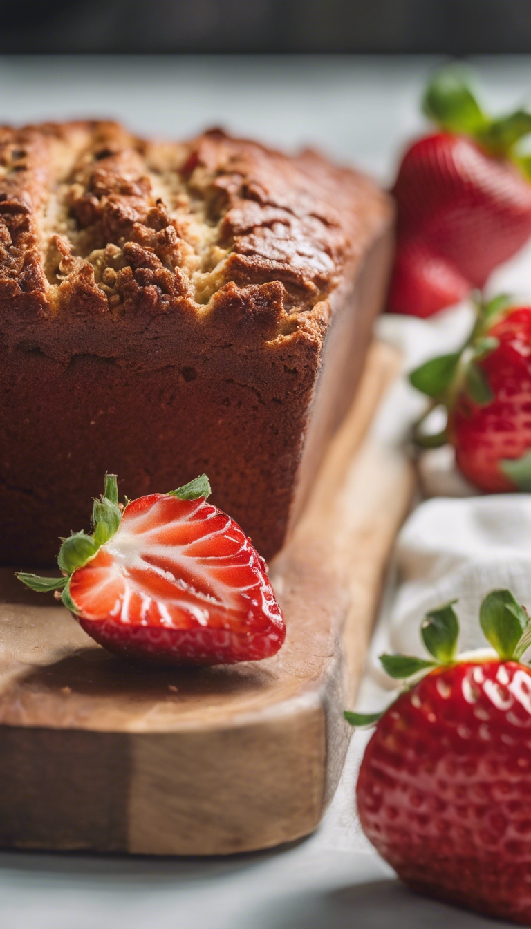 A loaf of strawberry banana bread fresh out of the oven, with a golden crust and strawberries on top ورق الجدران[113b01cfff614259a5f3]