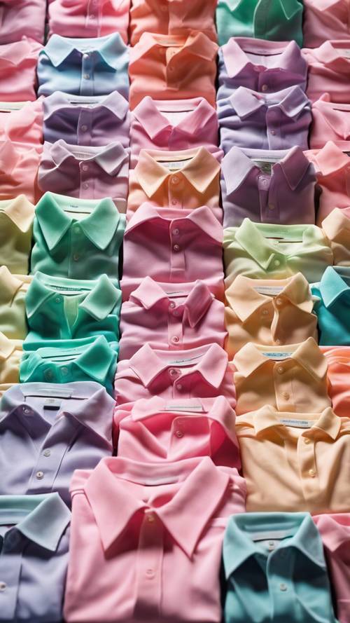Eine Auswahl an Poloshirts in Neonpastellfarben, ordentlich angeordnet in einer Preppy-Boutique.
