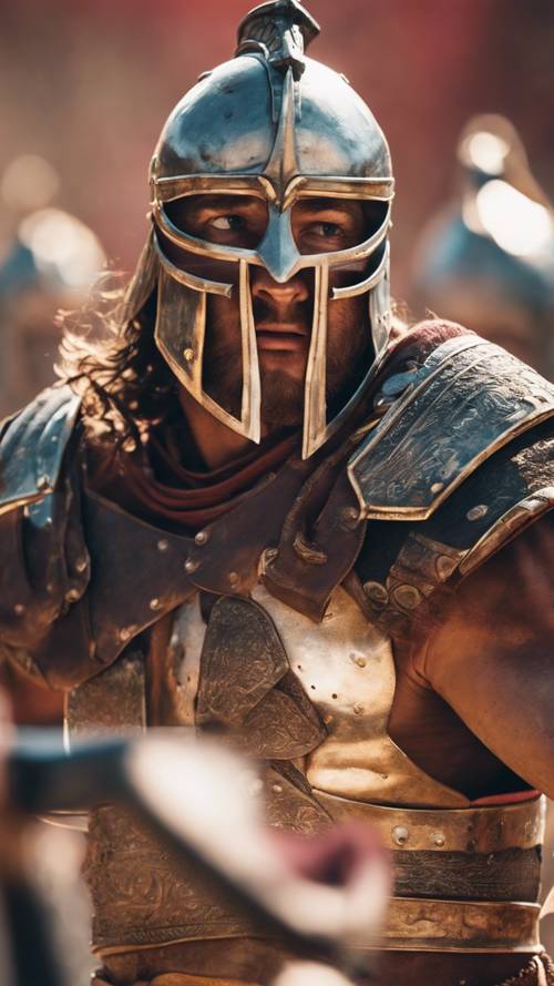 Olhos refletindo o confronto das espadas dos gladiadores em uma arena de batalha épica.
