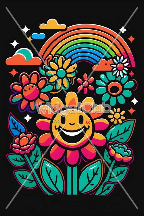 Arc-en-ciel coloré et art amusant de fleurs souriantes
