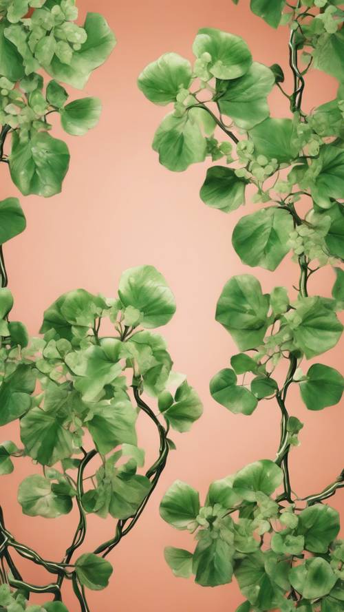春の緑の花が咲いたつるを描いたイラストがコーラルカラーの背景で織り成す壁紙緑の花つるイラスト壁紙