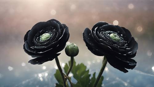 Una composición sublime de flores de ranúnculos negros flotando sobre un lago de aguas cristalinas.