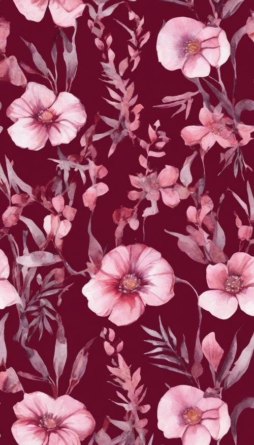 Floral themed seamless pattern painted in burgundy watercolor