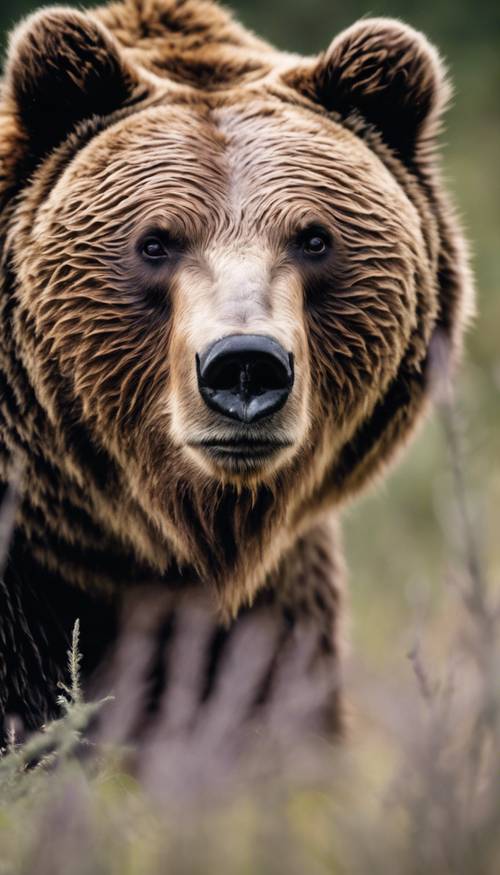 Zbliżony portret niedźwiedzia grizzly patrzącego w stronę kamery.