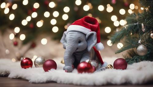 Un bébé éléphant portant un chapeau de Père Noël, jouant avec des boules sous un arbre décoré.