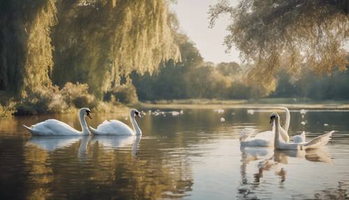 A serene watercolour scene of swans gliding gracefully on a Victorian-era park pond".