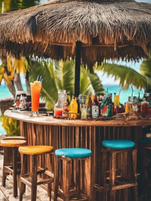 Bar de praia ao ar livre no Caribe com drinks coloridos e decoração tropical.