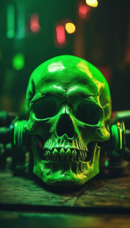 A neon green skull against the backdrop of a smoky club. Tapeta [61244b2abc084c50bbe7]