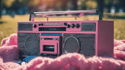 A classic 80s pink boombox playing music, set on a blue blanket in the park during the summer.