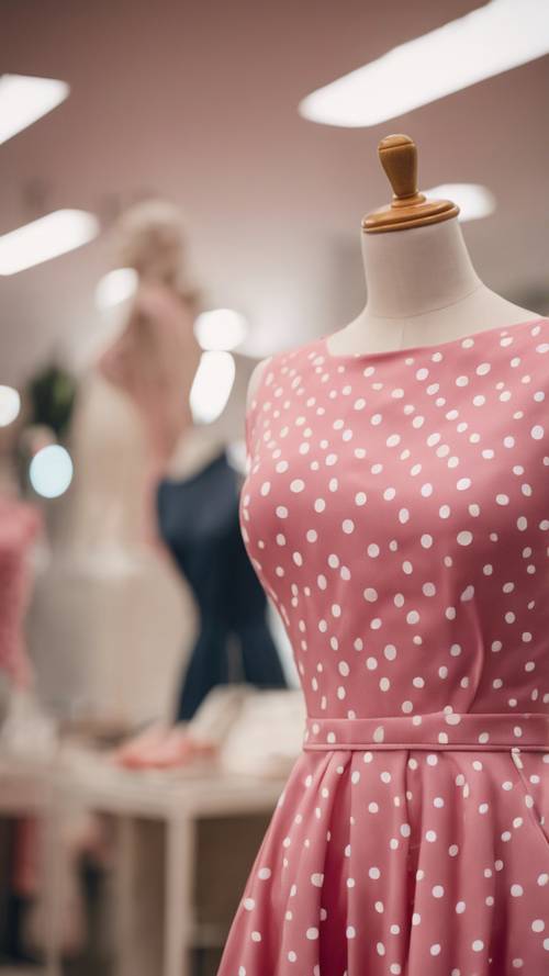 A pink polka dot dress on a mannequin in a chic boutique