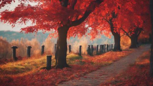 Un paesaggio autunnale con un albero dalle vivaci foglie rosse incornicia il proverbio &quot;Il cambiamento è l&#39;unica costante&quot;.