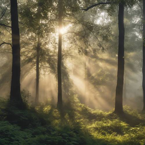 The first morning rays of sun piercing through a misty, lush forest. Tapeta [a47d7c1baf004d58b234]