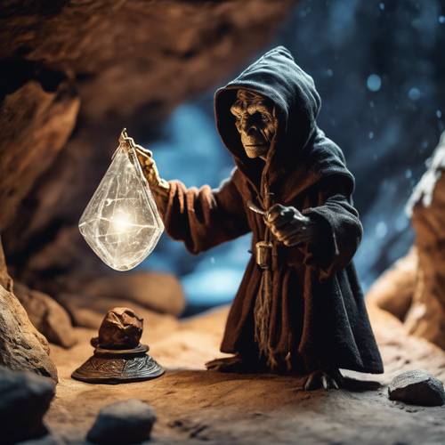 Un goblin, con un mantello scuro con cappuccio, esamina un artefatto magico e luminoso in una grotta misteriosa poco illuminata.