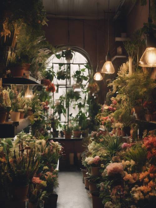 A flower shop's dim interior full of exotic plants.