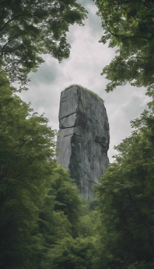 Um enorme monólito de pedra cinza elevando-se sobre uma floresta verdejante sob um céu nublado