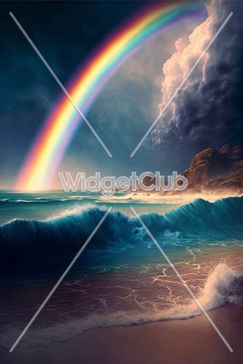 Arcobaleno sulle onde dell&#39;oceano tempestoso
