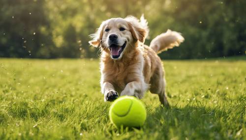 A young golden retriever playfully chasing after a bright yellow tennis ball in a lush green meadow.