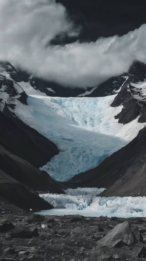 A surreal landscape featuring towering white glaciers and a dark, pure black sky.