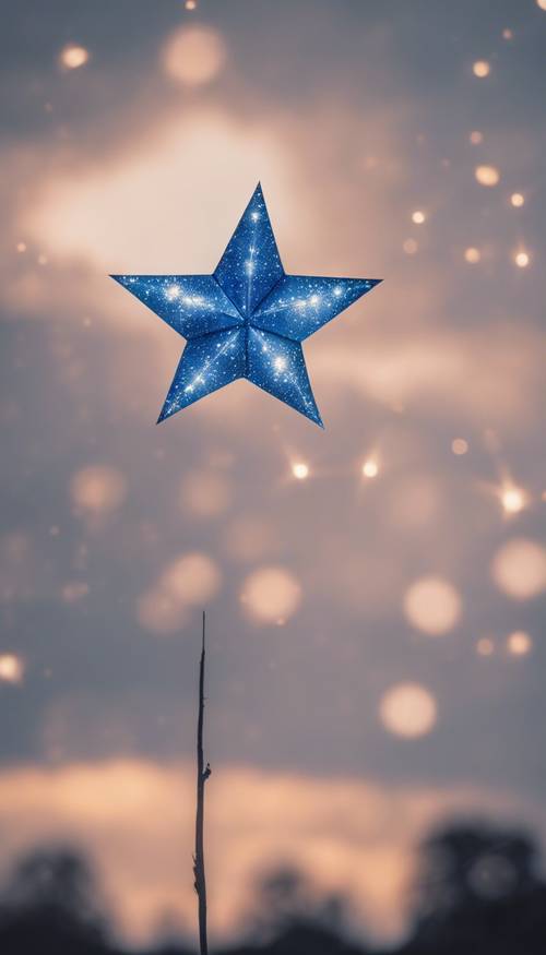 Uma solitária estrela azul com detalhes brancos brilhando no céu nublado do crepúsculo.