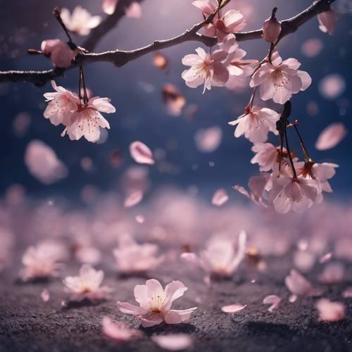 한밤의 푸른 하늘 아래 땅바닥에 부드럽게 떠 있는 섬세한 벚꽃 꽃잎의 매혹적인 춤.